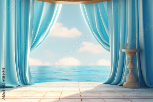 Summer Product podium scene in pastel light colors  in a nautical antique style. Blue sky  tourmaline sea  tulle curtains. Copy space. Generative AI 3d render illustration imitation.