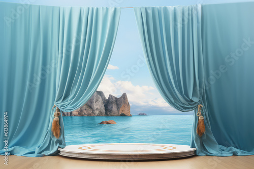 Product podium scene in pastel light colors  in a nautical antique style. Blue sky  tourmaline sea  tulle curtains. Copy space. Creative Generative AI 3d render illustration imitation.