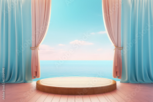 Product podium scene in pastel light colors  in a nautical antique style. Blue cloudy sky  tourmaline sea  tulle curtains. Copy space. Generative AI 3d render illustration imitation.