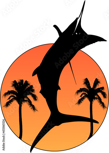 Silhouette of a Marlin jumping in the sunset and silhouette palm trees