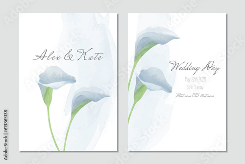 Vector wedding invitation template with blue calla lilies