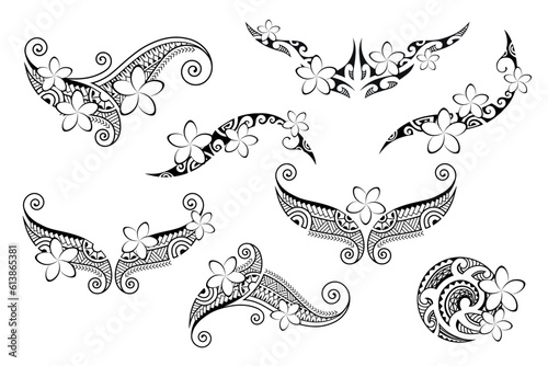 Set of Maori style tattoo. Ethnic decorative oriental ornament with Frangipani Plumeria flowers. Collection coloring book