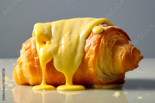 Croissant with white chocolate glaze on white background. Generative Ai image