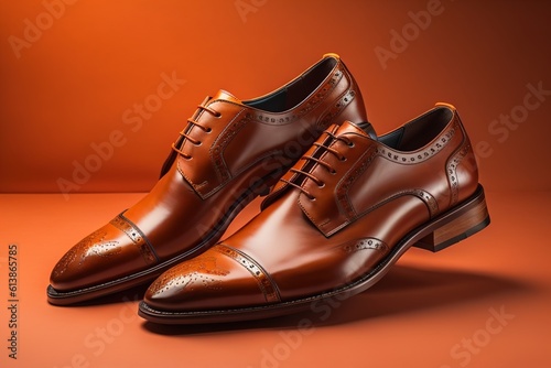 Men's luxury brown leather shoes on orange background. generative ai