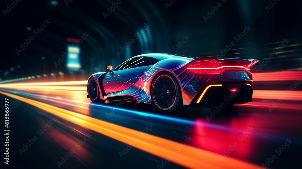 Sports Car On Neon Highway. Powerful acceleration of a supercar with colorful lights and trails. Generative ai.