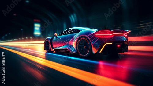Sports Car On Neon Highway. Powerful acceleration of a supercar with colorful lights and trails. Generative ai.