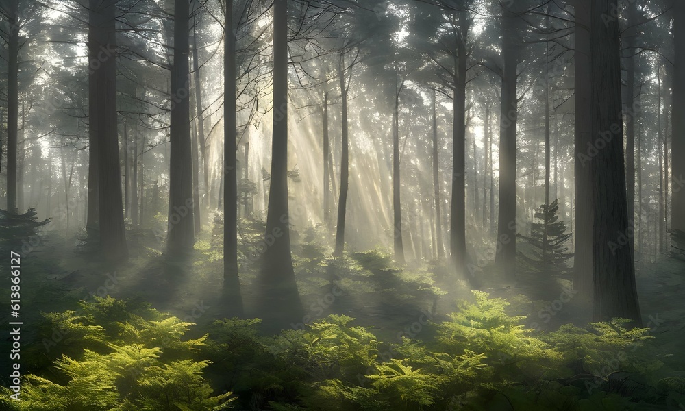 Obraz premium a pine forest, a dense thicket that begins to wake up in the early morning. The sun is just rising. Its bold rays have already gilded the tops of huge trees , Generative AI, Generative, AI, 