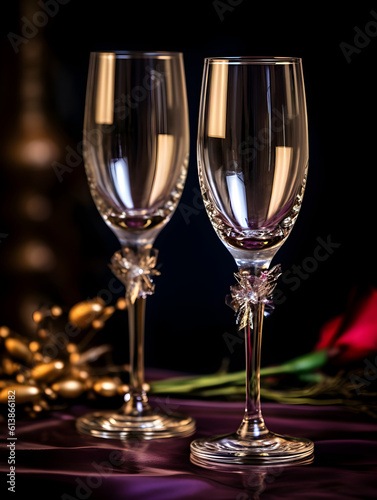 Illustration of two empty high wedding champagne glasses on dark background. Holiday banner with glasses for sparkling wine for postcard, poster, web site. Celebration mood, romantic. Generative AI
