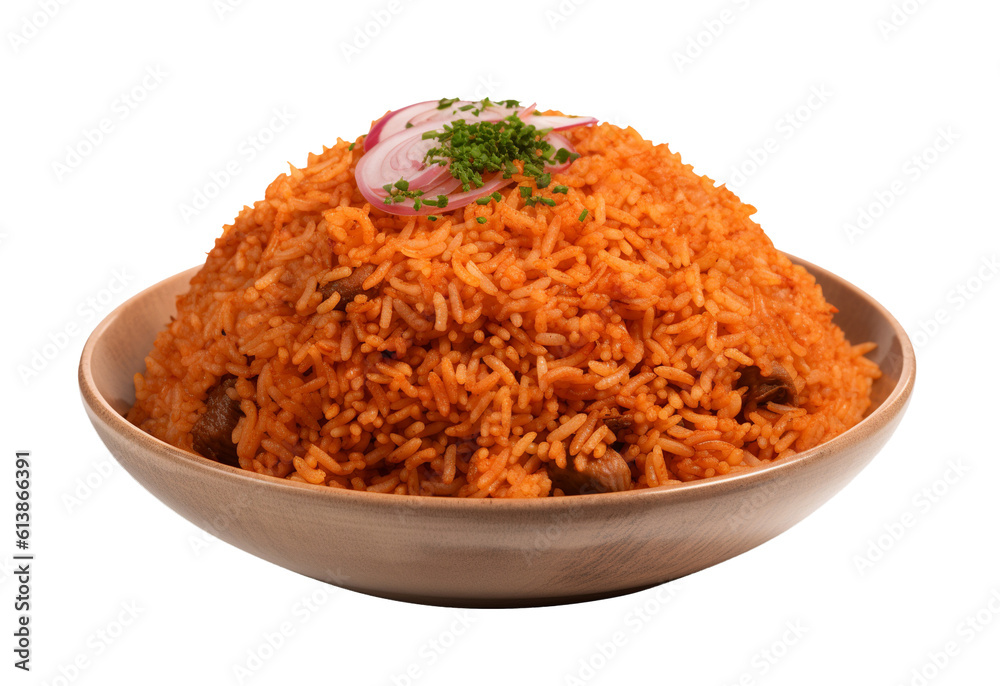 Jollof rice on transparent background. Generative AI. Jollof rice on transparent background. Generative AI.