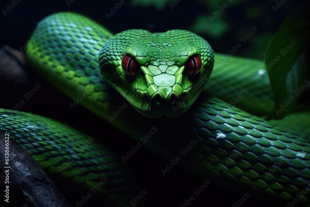 Fototapeta premium Close-up view of a green snake. Generative AI
