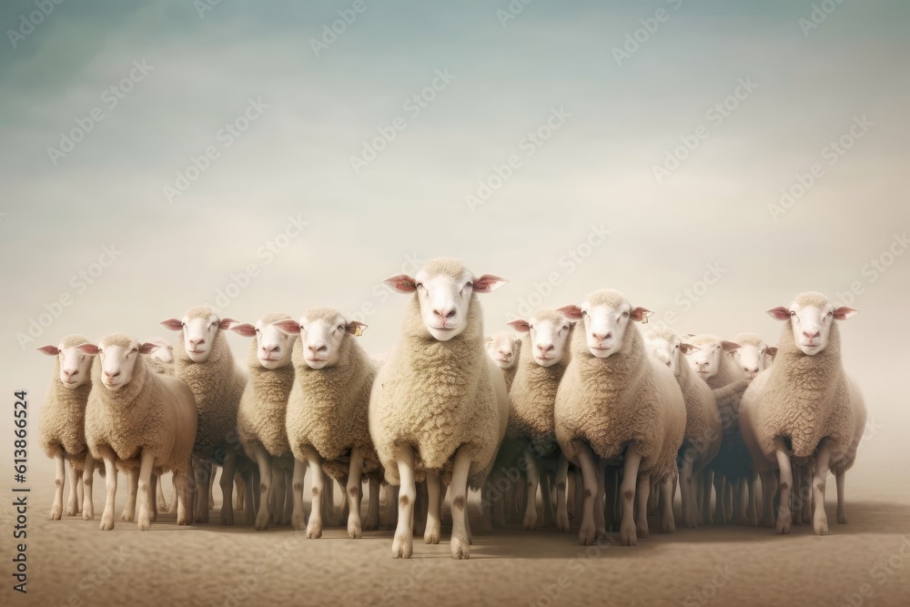 Fototapeta premium Flock of sheep staring in the same direction. Generative AI