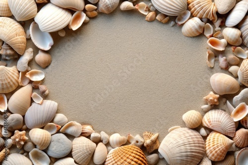 Shells on the sand. Space for text in the center. Generative AI