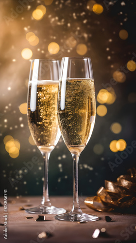Illustration of two glasses of champagne on a dark background. Holiday banner with sparkling wine created for postcard, poster, web site. Celebration mood, romantic atmosphere. Generative AI