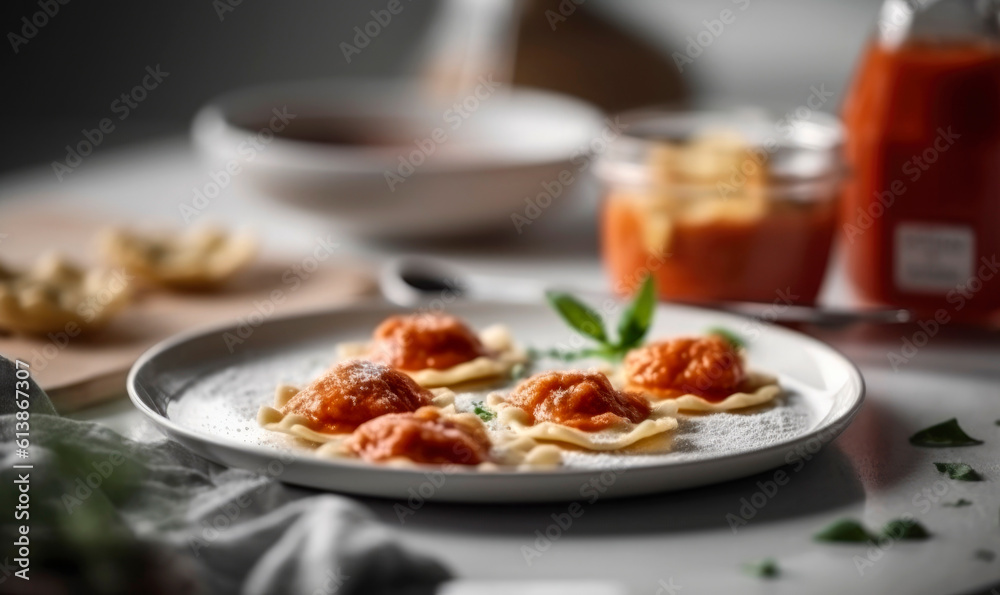 Ravioli stuffed with tomato sauce, basil and Parmesan cheese, prepared at home in a bright kitchen with the table set. Illustration. Generative AI Ravioli stuffed with tomato sauce, basil and Parmesan cheese, prepared at home in a bright kitchen with the table set. Illustration. Generative AI