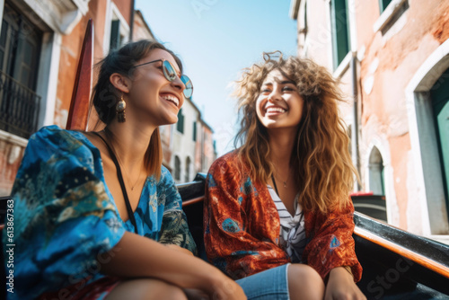 Two smiling venice travel friends having fun during a gondola ride through the water canals of the city, on summer vacation, illustration. Generative AI photo