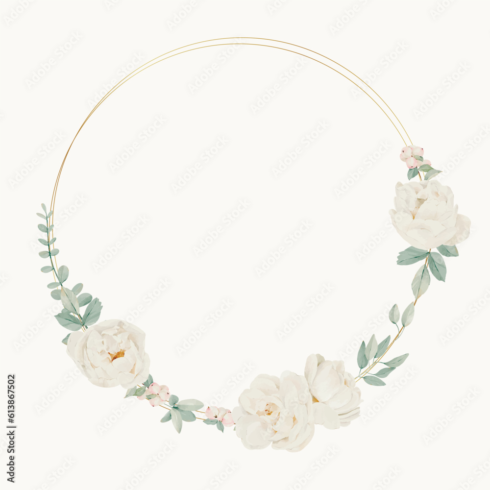 Fototapeta premium Vector Floral Wreath. DIY gold border with white flowers, snow berries and leaves. Elegant botanical frame isolated on white background.