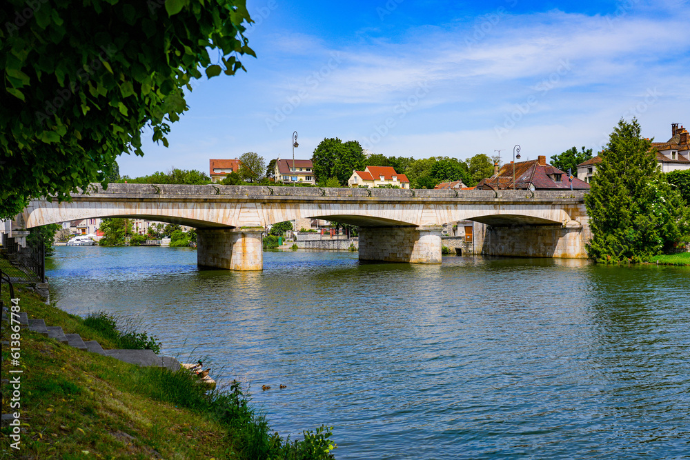 View of the Bridge of Fraternity spanning the Loing river in Nemours, a small town in the south of the Seine et Marne department in Paris region, France
