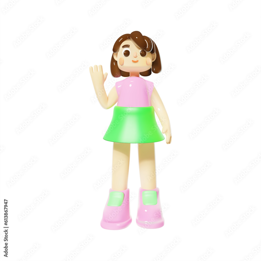 Young smiling woman standing with greeting gesture, 3D vector character illustration. Young smiling woman standing with greeting gesture, 3D vector character illustration.