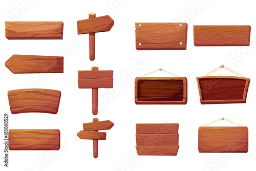 Set of wooden tablets, hanging textured panels rope, signboards with pointer, fence with nails in cartoon style isolated on white background. Rustic board, plank with place. Ui game assets