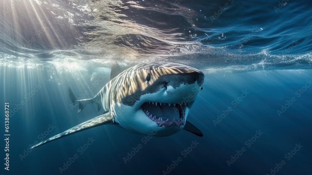 a great white shark with its mouth open in the water. generative ai ...