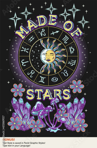 Poster with zodiac wheel, sun eclipse, mushrooms, stars, crystals of gemstones, flowers, editable text style. Concept of sacred spirit, extended mind. Magic, mystical surreal illustration. Retro style