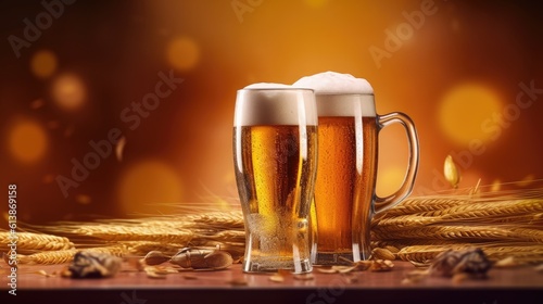 Banner for Happy Beer Day with mugs of fresh beverage. Generative AI