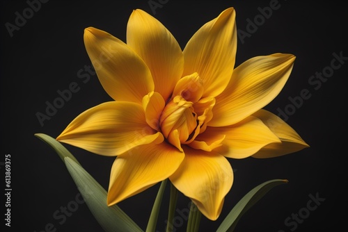 Yellow tulip on a black background. Studio photography of flowers. generative ai