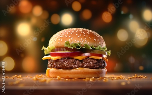 The Hamburger with soft drinks, Bokeh Background, AI Generative.