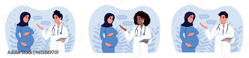 Male and female doctors talking to patients using a tablet during consultation. Doctors and pregnant women of different races and ages.