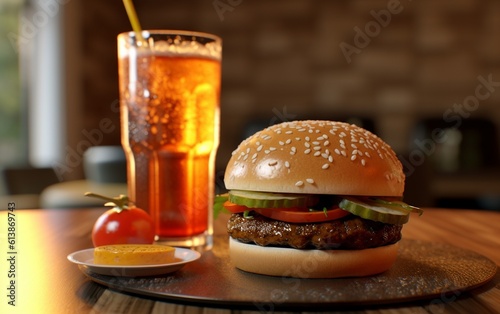 The Hamburger with soft drinks, Bokeh Background, AI Generative.