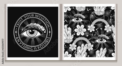 Surreal pattern, label with all seeing eye, crystals, flowers, paint splatter and halftone shapes. Concept of expansion of mind. For fantasy, groovy, hippie, mystical, esoteric, surreal design