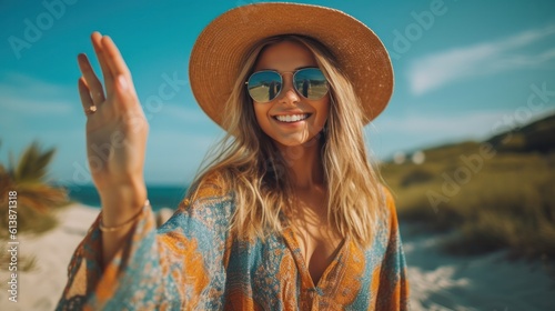Beautiful girl is standing on the beach by the sea, wearing a pareo straw hat sunglasses. summer vacation travel. Generative AI.