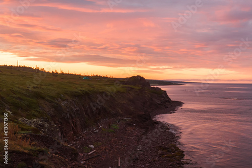 Sunset on the White Sea coast near Cape Ship. Amethyst coast.
