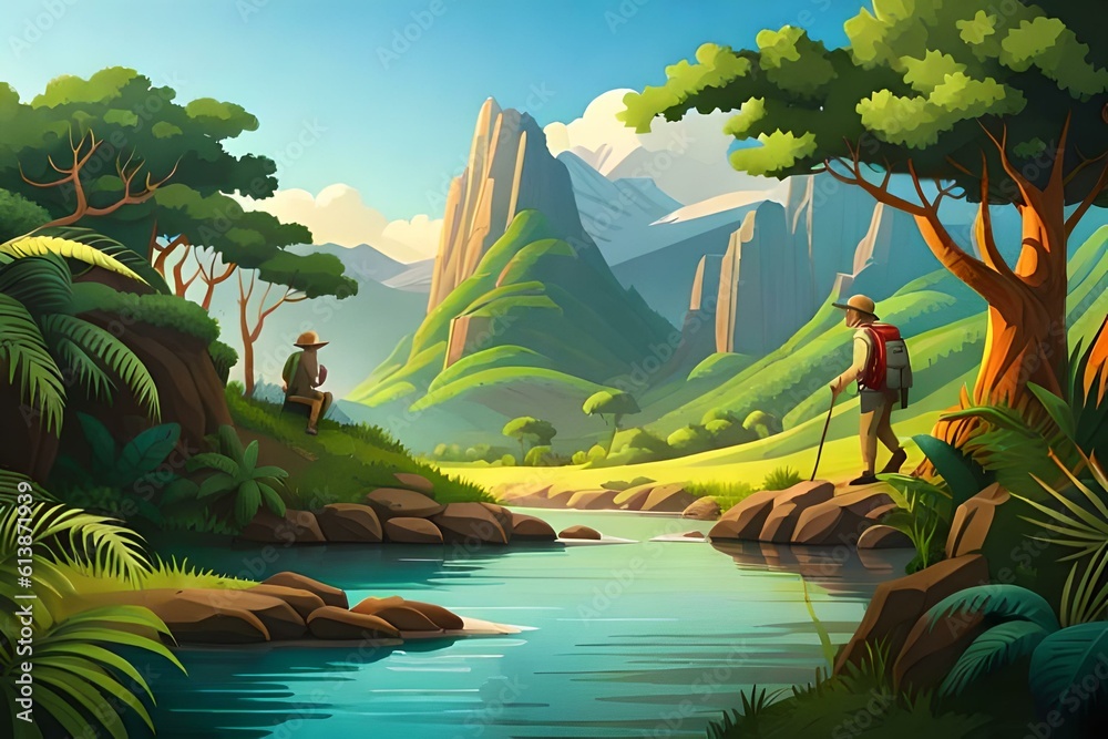 Fototapeta premium a cartoon image of an adventurous explorer trekking through a jungle filled with exotic animals like elephants, parrots, and snakes.
