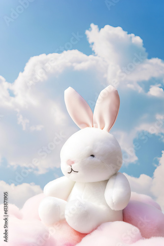 happy baby toy rabbit sitting on fluffy clouds ,fix toy in the clouds,lamb toy on sky © Moon