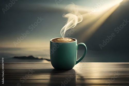 image of a green mug filled with steaming coffee