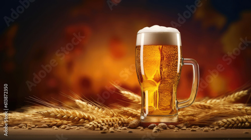 Banner for Happy Beer Day with mugs of fresh beverage. Generative AI