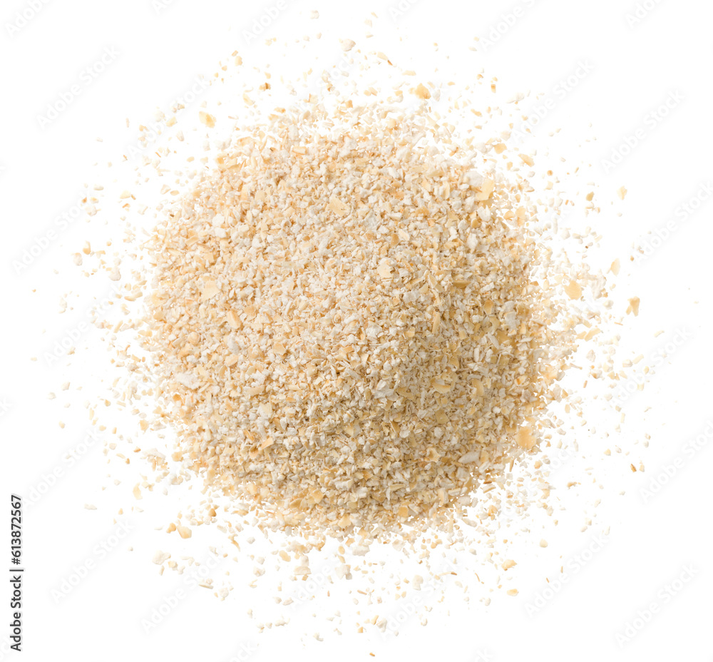 Uncooked oat bran isolated on white background, top view.