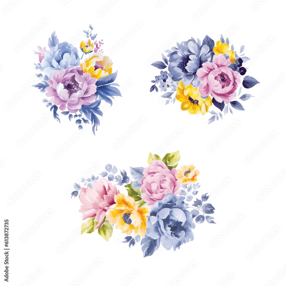 Set of floral branch. Flower pink and lilac flowers, green and blue leaves. Wedding concept with flowers. Floral poster, invite. Vector arrangements for greeting card or invitation design