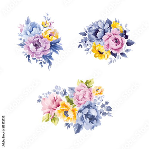 Set of floral branch. Flower pink and lilac flowers  green and blue leaves. Wedding concept with flowers. Floral poster  invite. Vector arrangements for greeting card or invitation design