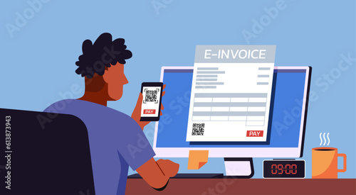 Man holding smartphone scanning Qr code for paying electronic invoice document paper on computer screen, vector flat illustration