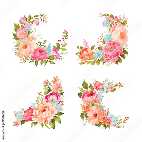 Watercolor pink flowers borders set. Vector vintage style. isolated and editable.