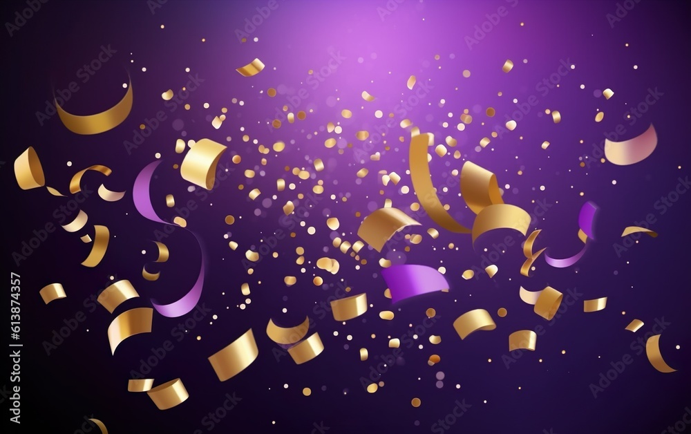 Gold and violet confetti on a violet background. AI, Generative AI