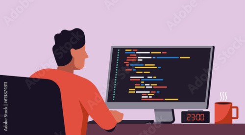 Programming concept, software developer writing code and coding HTML on computer screen in the office, vector flat illustration