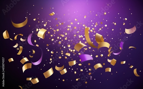 Gold and violet confetti on a violet background. AI  Generative AI