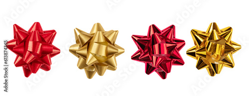 Set of red and golden bows isolated on transparent background. Paper tied bow for design.