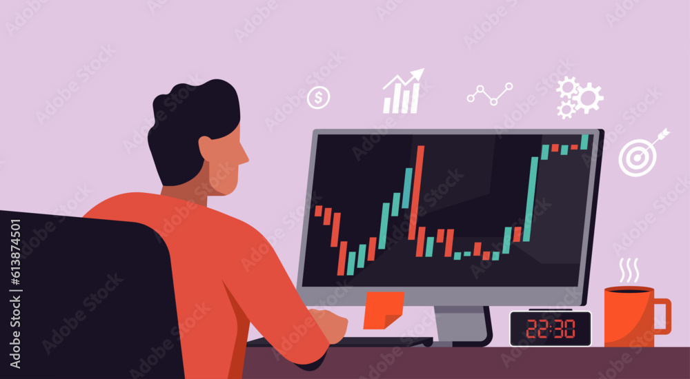 Investor man analyzing investment strategy and looking at graphs on computer screen thinking of financial risks, vector flat illustration Investor man analyzing investment strategy and looking at graphs on computer screen thinking of financial risks, vector flat illustration