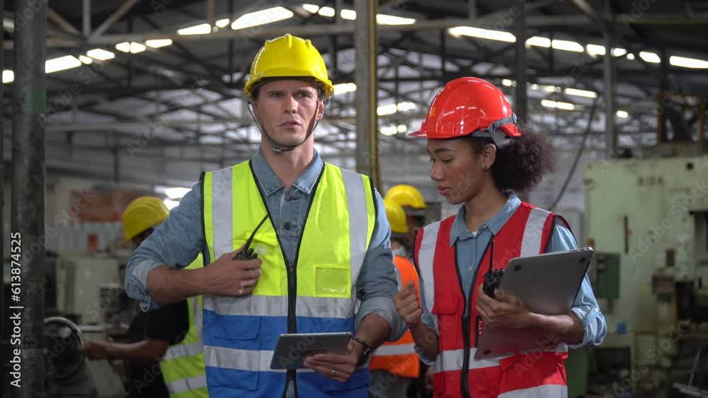 group of diverse Industry Engineers meeting using tablet computer discussion in Manufacturing Factory . African American Industrial worker Talking to foreman Technician and training in workplace group of diverse Industry Engineers meeting using tablet computer discussion in Manufacturing Factory . African American Industrial worker Talking to foreman Technician and training in workplace