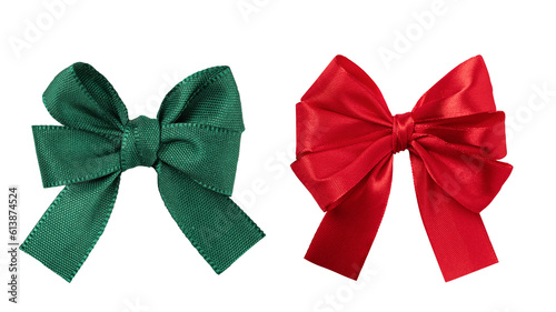Fotografie Green and red tied bow for gift package decoration isolated on transparent background