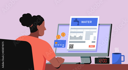 Woman using credit card for water online bill payment on desktop computer screen, vector flat illustration